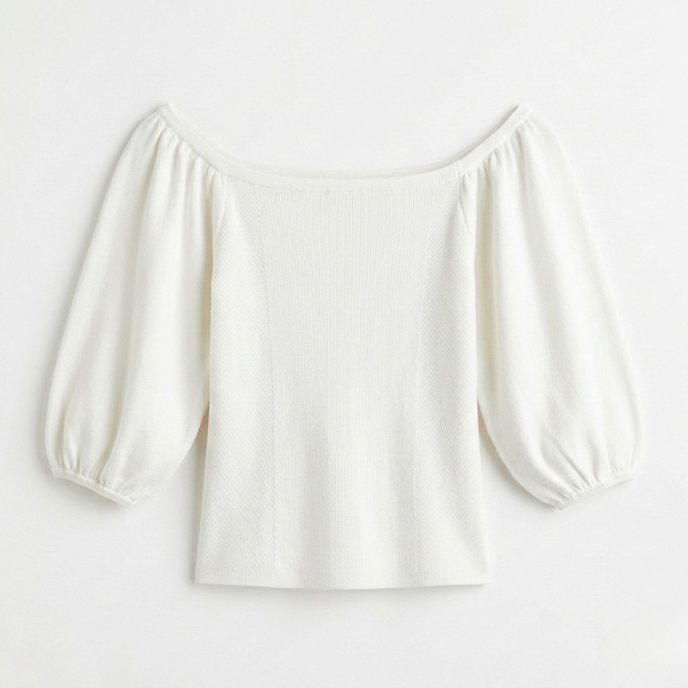 Express White Puff Sleeve Square Neck Knit Top - Minimalist Coastal Cottagecore